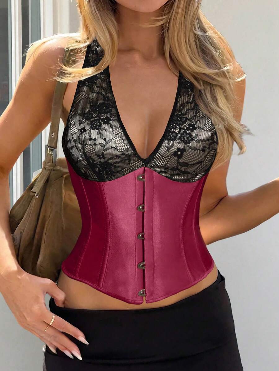 Satin Lace-Up Corset Camisole Top, Backless Floral Embroidery Design, Waist Shaping Suitable For Party, Music Festival, Date Night Vacation Summer - Burgundy - View 1