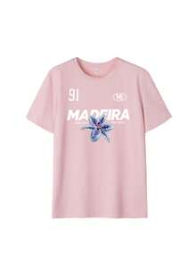 Navy Blue "MADEIRA" Lily Flower & "91" Letter Print Loose T-Shirt - Y2K Street Style Women's Casual Sports Top Vacation Pink Summer - Pink - View 7