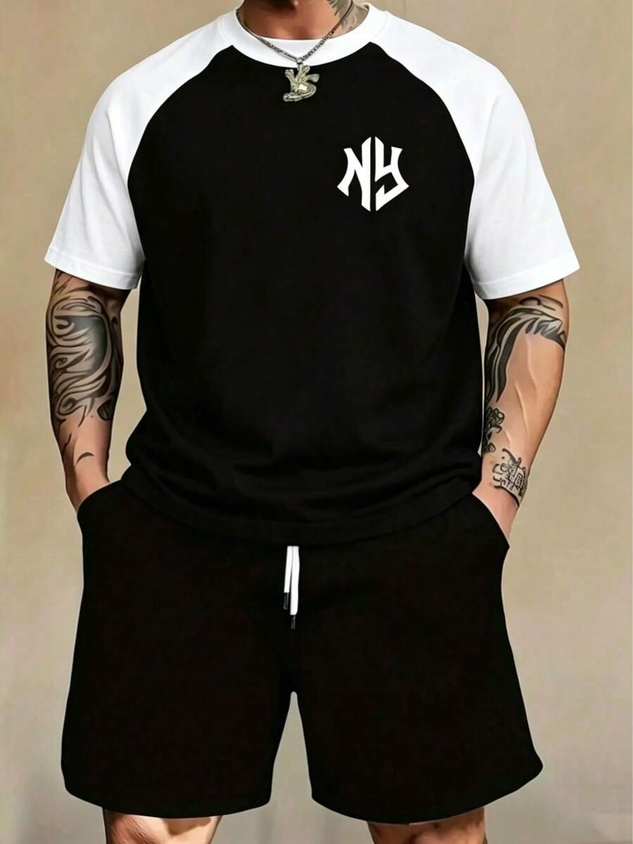Conjunto Hombre Camiseta y Shorts Casual Oversize Streetwear Urbano Holgado Outfit Verano Manga Corta - Blanco y Negro - Ver 1