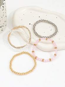 Juego de 5 pulseras elásticas de cuentas de cristal falso y strass estilo Ins, multicapa y apilables, con cuentas CCB, para mujer - Dorado - Ver 3