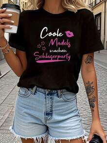 Camiseta con estampado de letras 'Schlager Party', de manga corta y cuello redondo, estilo casual para verano y primavera, ropa de mujer 2026 - Negro - Ver 2