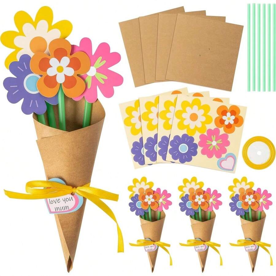 6pcs Sunflower Bouquet DIY Craft Kit, Includes Paper Flowers, Greeting Cards, Tags, And Ribbons. Suitable For Spring Weddings, And Party Decorations. Vase Not Included. Floral Arrangement Craft Kit - Floral Set - View 1