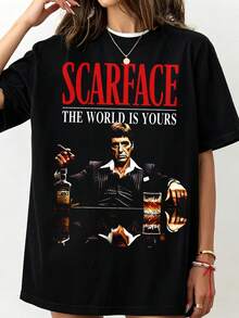 Scarfacess, Tonys , Al Paccino, Cigars, Cigar Tshirt, Crew-Neck Printed Men's Fashion Short-Sleeved Sports T-Shirt - Black - View 1