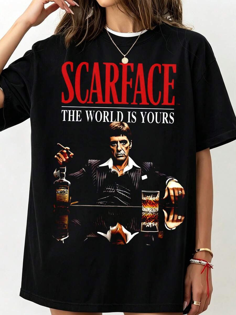Scarfacess, Tonys , Al Paccino, Cigars, Cigar Tshirt, Crew-Neck Printed Men's Fashion Short-Sleeved Sports T-Shirt - Black - View 1