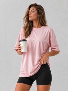 Women's Loose Oversized Drop Shoulder Pink Solid Color T-Shirt Short Sleeve Crew Neck Top Summer Casual Blouse Y2K 2026 Basic Style Sports - Pink - View 1