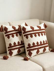 1pc/2pcs,Bohemian Tufted Geometric Throw Pillow Cover, White With Brown Diamond Pattern, Tassel Detail, Decorative Cushion Case For Sofa Couch Bed Living Room, Farmhouse Boho Home Decor,18x18in/12x20in, - Multicolor - View 5
