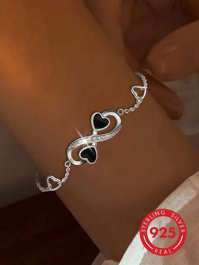 1 pieza Pulsera de mujer de plata de ley S925 con diseño de corazón infinito, incrustada con diamantes negros, hipoalergénica, adecuada para el uso diario de las mujeres, regalo perfecto para el Día de la Madre, Navidad, Día de San Valentín o cumpleaños, viene con caja de regalo.