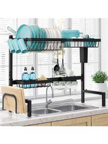 Dish Drying Rack-2-Tier Over- Space-Saving Metal Kitchen Organizer, Includes Utensil Holder, Sponge & Knife Slots, Hooks, And Anti-Slip Feet - Perfect For Efficient Countertop Storage,Kitchen Essentials/Apartment Essentials/Kitchen Storage Organizer - Black - View 1