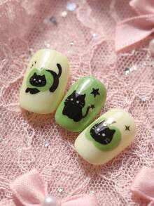 24pcs Y2K Style Children's Press-On Fake Nails, Green Apple + Cute Black Cat Theme Sweet & Cool Wearable Nails, Made Of Acrylic Material, Pre-Coated Gel, Full Coverage, Shiny Cute Patterns Including Green Apples, Fish Bones, Cute Kittens, Stars, Hearts And Other Small Decorations, Simple Yet Designed, Full Of Childhood Atmosphere. Full Coverage Small Nail Tips, Suitable For Girls' Gifts, Birthday Parties And Makeup Decoration - Multicolor - View 4