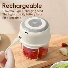 250ML Electric Garlic Chopper, Mini USB Rechargeable Vegetable Chopper, Wireless Garlic Chopper Onion Chopper Food Chopper, Suitable For Ginger, Chili, Meat Paste, Wireless Food Processor, White, Battery Capacity 800mAh - White - View 3
