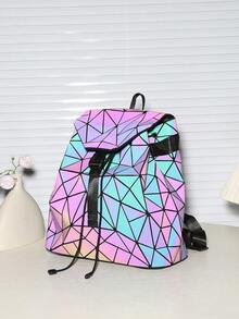 New Colorful Geometric Glow-In-The-Dark Backpack, Diamond Pattern Large Capacity Gradient Travel School Bag, Fashion Minimalist Backpack, Unisex Exquisite Small Backpack, Color-Changing Under Different Light Intensities - Dark Wash - View 4