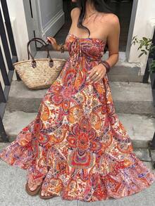 HAPPY GIRL 春夏百搭休閒時尚海灘度假旅行休閒優雅性感波西米亞編織面料後綁帶露背女款洋裝 - 彩色 - 查看 5