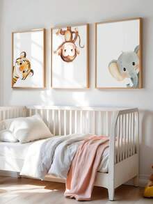 3 piezas de arte de pared enmarcado en lienzo para guardería, animales en acuarela, tigre lindo jugando al escondite, mono colgante y elefante asomándose, impresiones de arte, decoración de guardería estilo bohemio en tonos neutros, obra de arte enmarcada lista para colgar, adecuada para dormitorio de niños pequeños, sala de juegos, guardería, también como regalo de baby shower, regalo de pequeño tesoro, arte con tema de aventura y naturaleza, estética de tonos suaves, decoración de acento moderna y caprichosa para habitación infantil - Multicolor - Ver 4