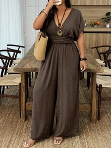 Chic Urbano.Mono Largo de Verano con Manga Murciélago, Cuello en V y Torsión, Estilo Casual de Vacaciones, Holgado, Talla Grande, Ropa de Calle Diaria, Mono de Pierna Ancha - Café integral - Ver 5