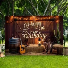 1pc Wild West Theme Birthday Backdrop Banner, Country Barn Cactus Guitar Design, Birthday Party Decoration, Home Background Wall Decor, Indoor Outdoor Garden Patio Decoration, Photography Background - A - View 7