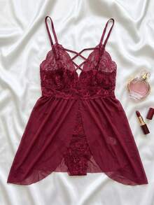 Plus Size Women Deep V-Neck Halloween Lace Jumpsuit Nightgown Lingerie - Burgundy - View 6