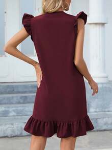 Dresses Women Summer Cap Sleeve V Neck Ruffled Hem Solid Smock Casual Mini Sundress - Burgundy - View 7