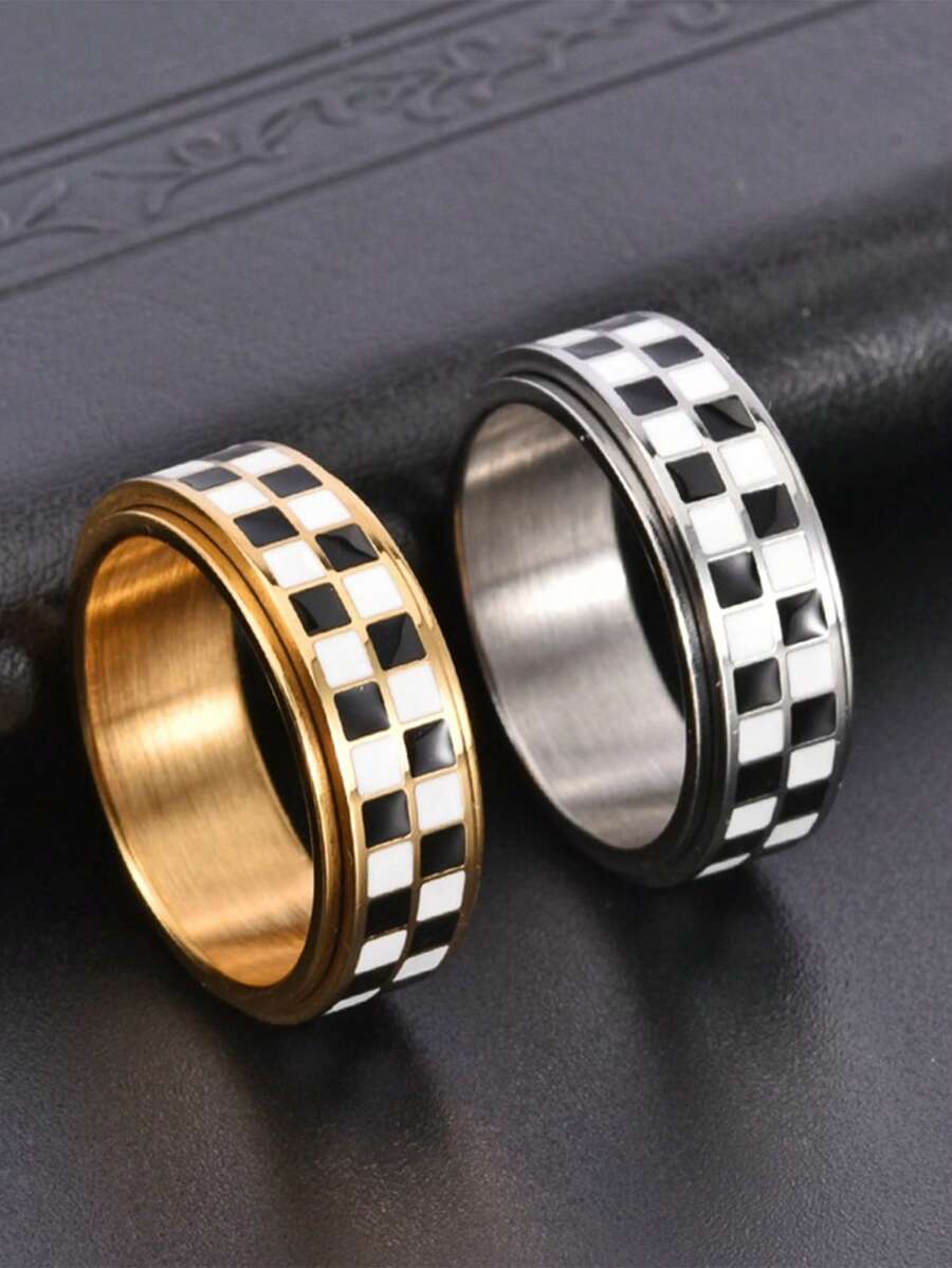 Niche Design Black And White Checkered Ring, High-End Fashion Minimalist Versatile Checkerboard Finger Ring - Black and White Checkered Ring - View 1