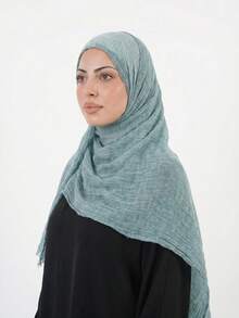 1pc Tie-Dye Arabic Hijab, Thin Solid Color Lightweight Casual Long Scarf Suitable For Daily Use, Ruffled Hijab - Mint Blue - View 2