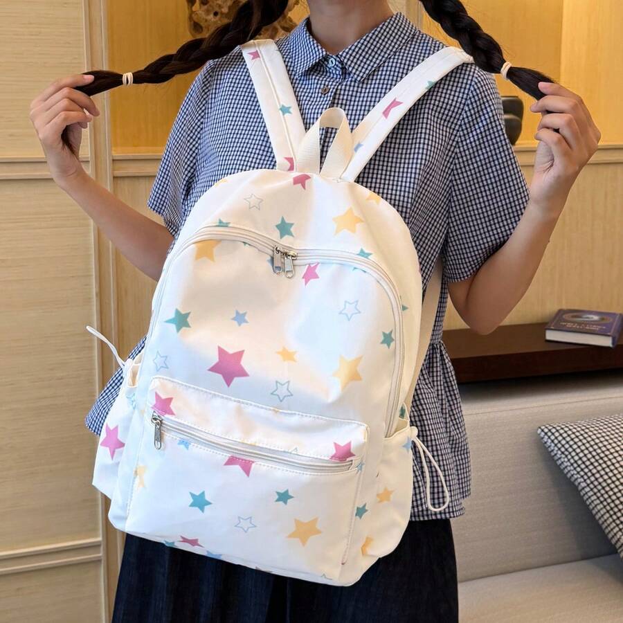 Star Print Backpack, Japanese Style Fresh Student School Bag, Transparent Pocket Large Capacity Backpack - Multicolor - View 1