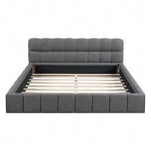 Youth Bed, Double Bed With Soft Backrest, Flat Bed With Upholstered Surround, Slatted Frame Linen Grey (Mattress Not Included) - Grey - View 5
