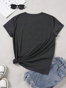 Elegant Watercolor Floral Print T-Shirt + Short Sleeves + Round Neck + Casual Spring And Summer Clothing For Women - 深灰色 - 查看 2