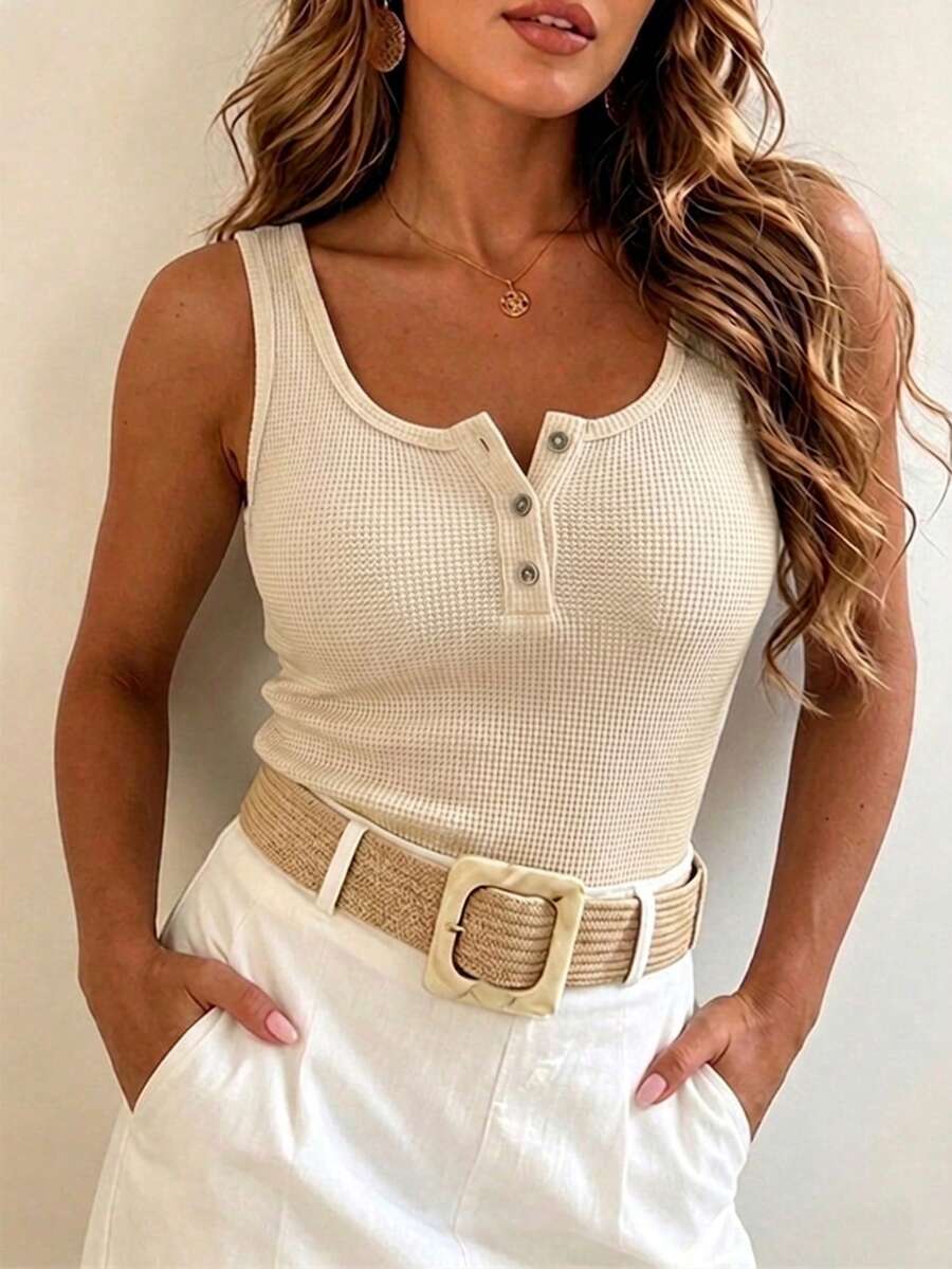 ChicMe Áo tank top nữ cổ chữ U dệt kim gân, cài nửa cúc trước, không tay, ôm sát, co giãn, phong cách casual dạo phố hàng ngày