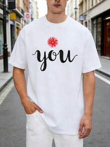 Men's Casual Style T-Shirt, With Floral Designs And The Text "You", Suitable For Wearing In Spring And Summer, Is A Perfect Gift For Friends And Family. - White - View 1