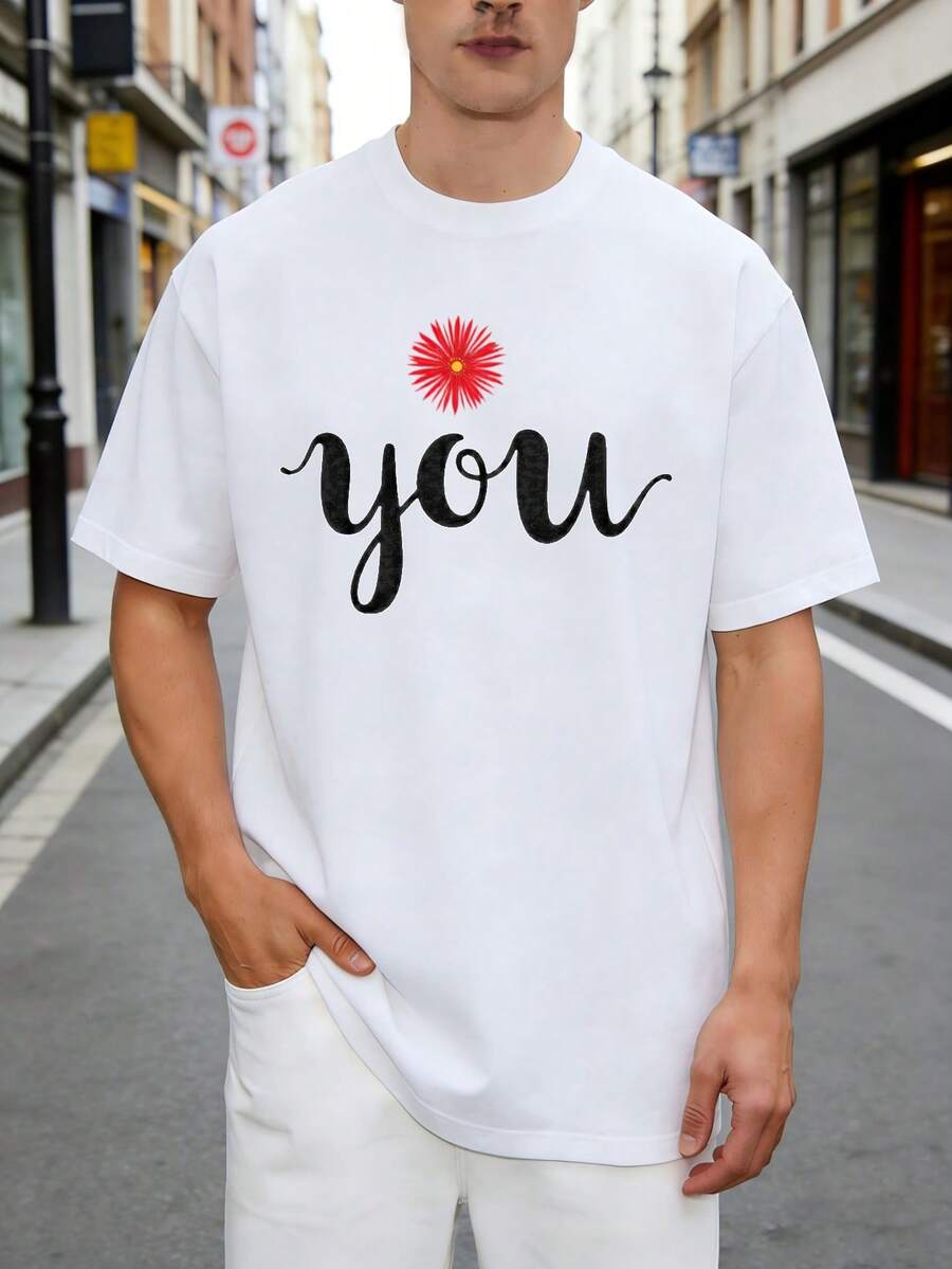 Men's Casual Style T-Shirt, With Floral Designs And The Text "You", Suitable For Wearing In Spring And Summer, Is A Perfect Gift For Friends And Family. - White - View 1