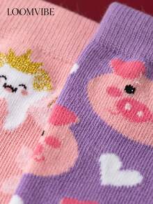 2 paires de chaussettes mi-mollet unisexes rose & violet avec motif de fée des dents de cochon de dessin animé, absorbantes, douces, respectueuses de la peau et respirantes, chaussettes mi-mollet décontractées style girly avec blocs de couleurs macaron, convenant pour les trajets quotidiens, les tenues de campus, cadeau de style doux & mignon - Multicolore - Voir 3