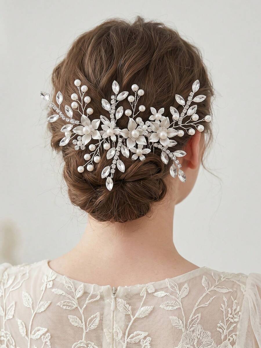 Silver Floral Rhinestone & Pearl Bridal Hair Comb, Handmade Leaf Crystal Wedding Hair Accessory, Elegant Bridal Updo Hair Accessory, Suitable For Wedding Party