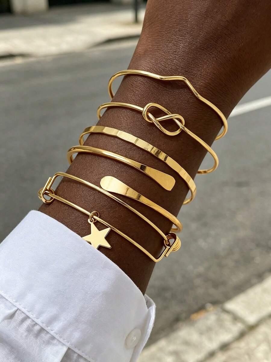 5pcs Vintage Star Push-Pull Adjustable Bangle Set, Multi- Knot & Hammered Texture Open Cuff Bracelets For Women - Gold - View 1