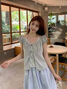 女款掛脖式 2 合 1 飛袖 T-shirt，夏季韓系甜美碎花綁帶上衣 - 灰色 - 查看 6