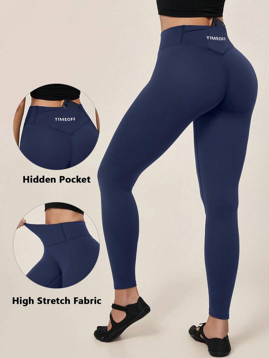 TimeOff Women's 1pc Solid Color Ruched Back Waistband Pocket Slim Fit Sports Long Pants - Navy Blue - View 1