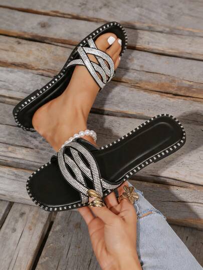 1 Pair Boho Summer Rhinestone Cutout Slide Sandals, Hollow-Out Flat Slippers For Beach & Daily Wear
