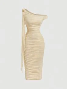MOD Vestido elegante de largo medio con cuello asimétrico, volantes y parches en color liso con efecto tie-dye para mujeres - Multicolor - Ver 6