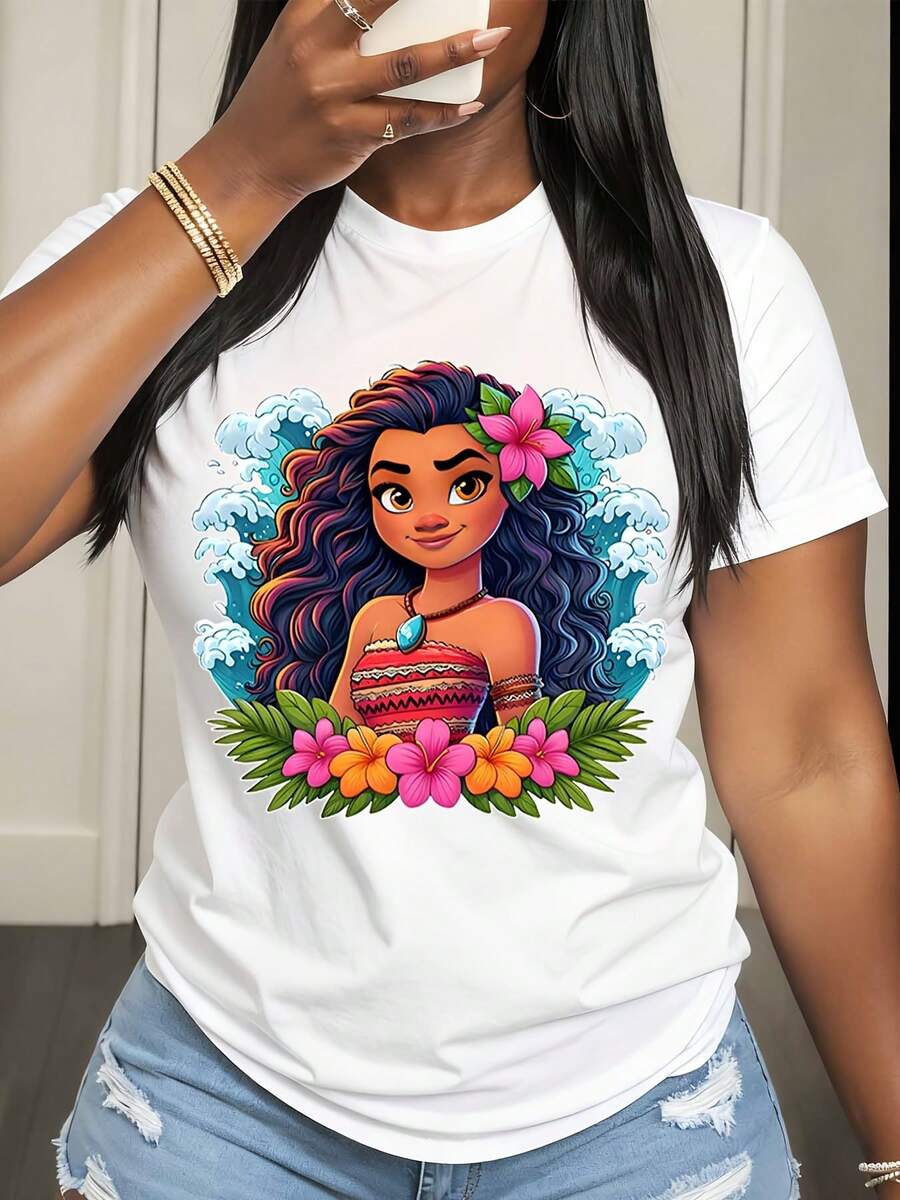 Disney Moana Character Print T Shirt Women Casual Summer Wear Tropical Hawaiian Style - 白色 - 查看 1