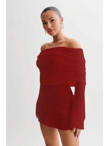 Vestido Mini Tejido Texturizado Azul Claro Sin Hombros, Banda Doblada con Fruncidos, Manga Larga Campana, Corte Ajustado para Citas y Fiestas Nocturnas - Albaricoque - Ver 10