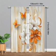 2pcs Modern Art-Style Curtains Featuring A 2D Abstract Oil Painting Print Of Orange And White Lilies And Orange Butterflies,Light-Filtering Window Decor Perfect For Creating A Beautiful Atmosphere In The Living Room Or Bedroom - Multicolor - View 11