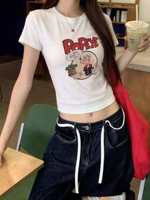 女士简约白色罗纹休闲街头风度假性感甜美修身卡通趣味印花T恤，夏季 - 白色 - 查看 3