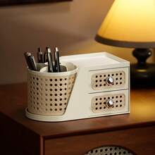 Retro Rattan Style Rotating Pen Holder With Drawers, Multi-Functional Desk Organizer For Stationery, Cosmetics & Small Accessories, Ideal For Office, Bedroom & Home Use - View 7