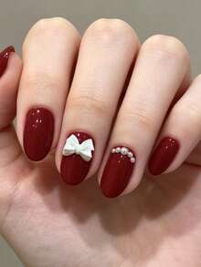24 pièces Ongles Faux Haricot Art Ongles Mariage Manucure Rouge Simple à la mode Nœud Blanc Élégant Design Perle Ongles à Encoller Convient pour Femmes Rendez-vous Festival de Musique Vacances Travail Quotidien Port Quotidien Ensemble d'Ongles à Encoller Amovibles - Multicolore - Voir 3