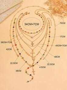 5pcs/Set Vintage Luxury Multi-Layered Gold Color Rhinestone Necklace With Cross Pendant Choker, Women's Neck Jewelry Suitable For Daily Wear And Holiday Parties, Chain Rhinestone Color Is Random - Gold - View 4