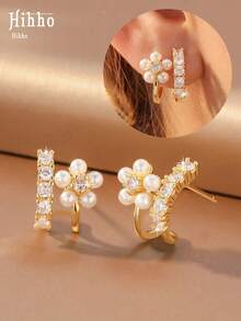 Hihho 1 Pair Gentle French Style Luxury Exquisite Pearl Flower With Zirconia C-Shaped Hook Design Pearl Flower Zirconia Stud Earrings, Elegant Jewelry For Women Suitable For Commuting And Daily Wear - Flower - View 6