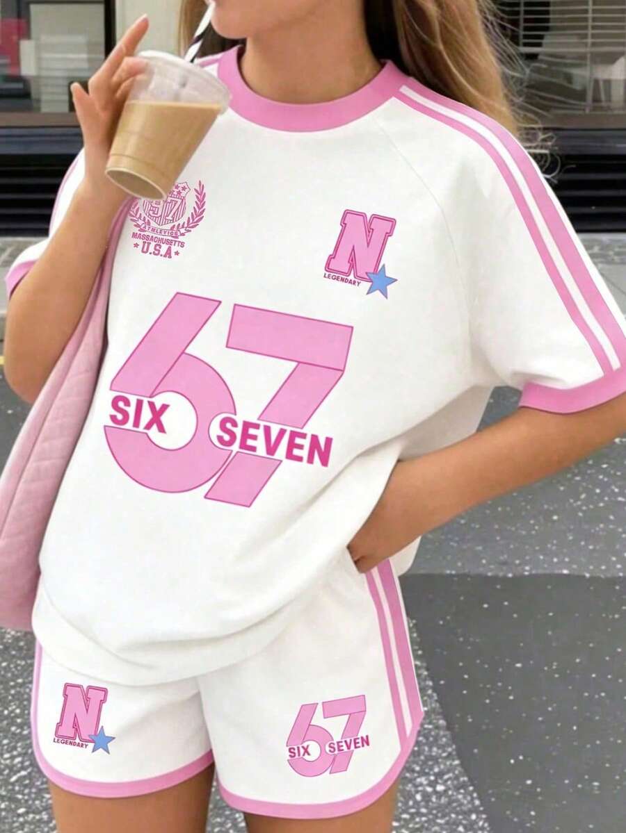 2pcs/Set Girls Casual Sports Chic American College Style Classic Side Stripe Number 67 Letter Print Loose Comfortable Raglan Sleeve T-Shirt And Shorts Set, Spring/Summer - Pink - View 1