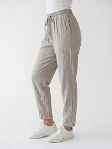 Pantalones casuales de mujer de corte holgado con cintura elástica - Beis - Ver 4