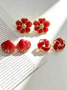 3 Pairs Elegant Burgundy Enamel Flower Shell Stud Earrings, Hypoallergenic Skin-Friendly Sweat-Resistant 304 Stainless Steel, Suitable For Bridesmaid Wedding Gifts, Daily Wear, Christmas Party, Wedding Ceremony, Commute, Date, Holiday Gift, Halloween Costume, Back To School, Cyber Monday, Date, Banquet Party, Thanksgiving - Multicolor - View 3