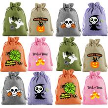 12 Halloween Decorative Gift Bags, Colorful Holiday Burlap Pouches With Drawstrings, 6 Unique Designs Including Bats, Pumpkins, Ghosts, Perfect For Gift Wrapping During Halloween Celebrations - Multicolor - View 9