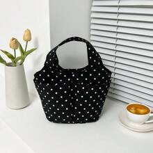 女款圓點印花手提包，休閒輕便托特包附前口袋，便攜式午餐包適用於工作與日常使用，白底黑點圖案 - A - 查看 10