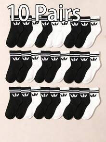 10/20 Pairs Toddler Children Teenager Solid Color Daily Casual Solid Color Sports Mid-Calf Socks - Black and White - View 7